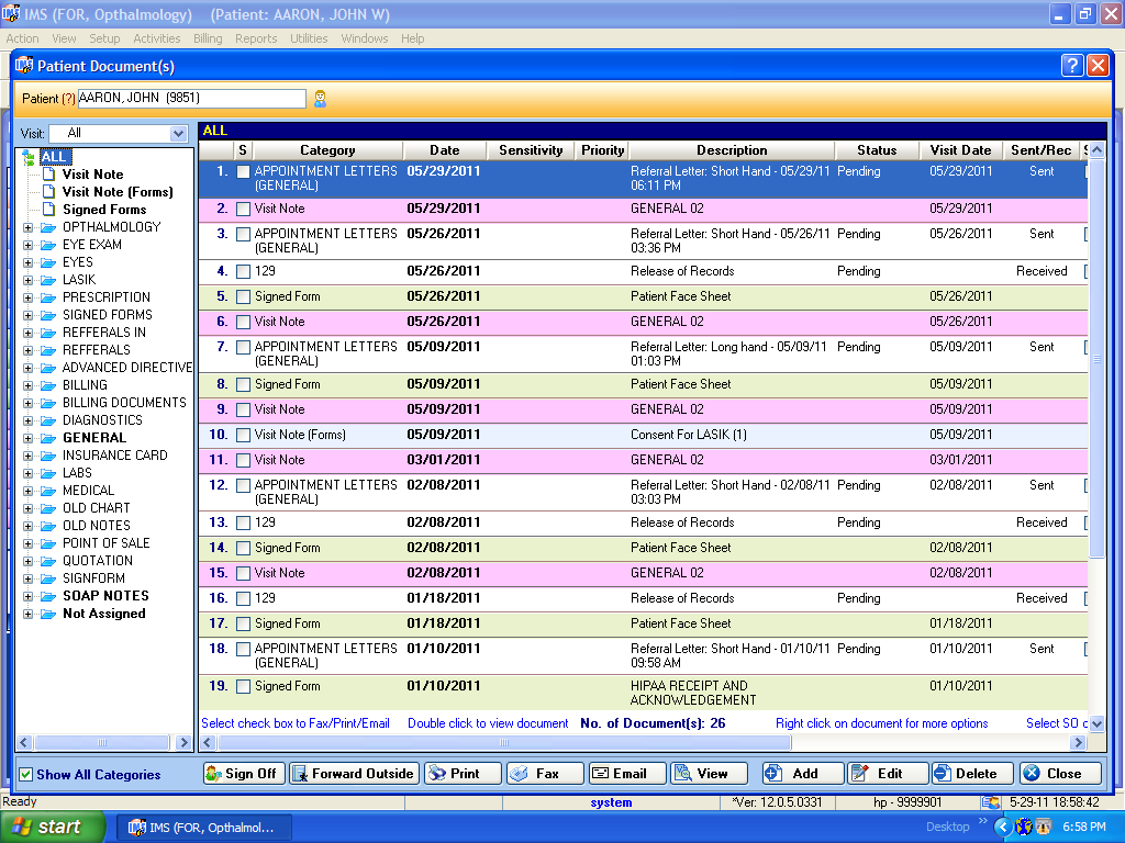 Software ophthalmology emr